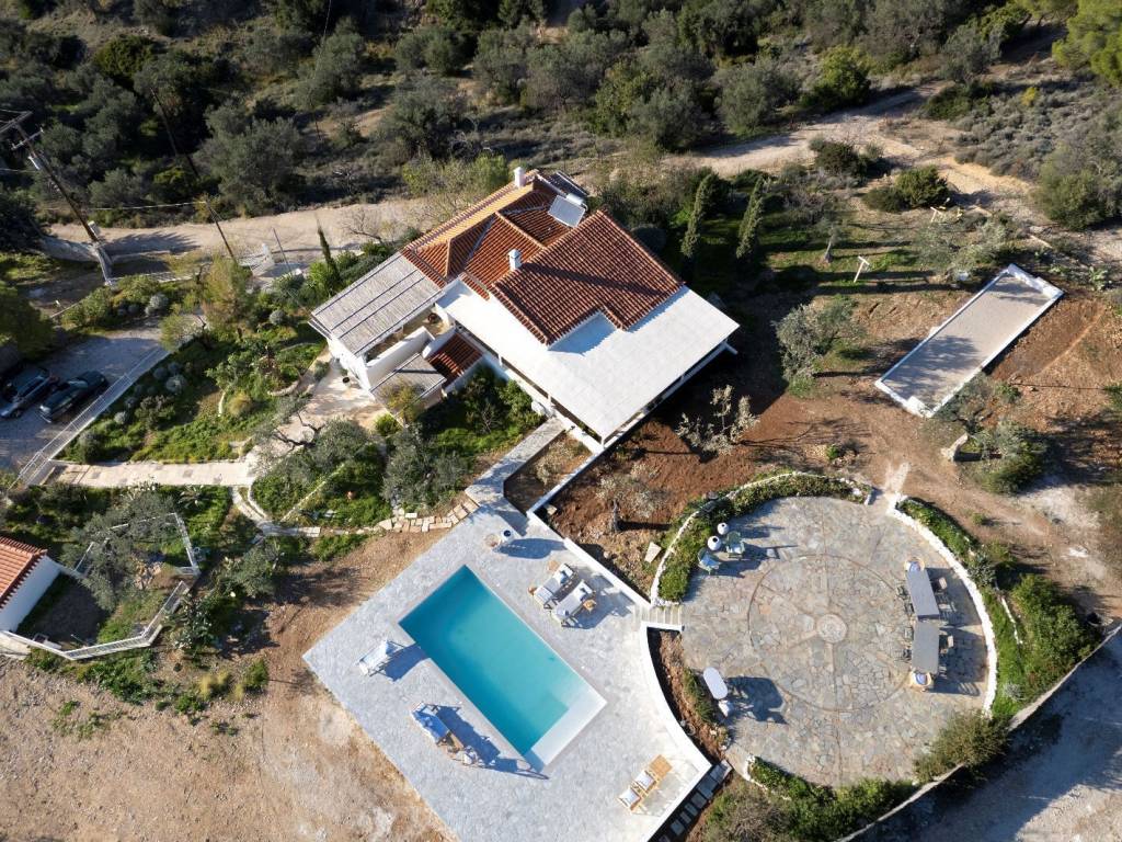 View from above, with several terraces, boules court &amp; pool