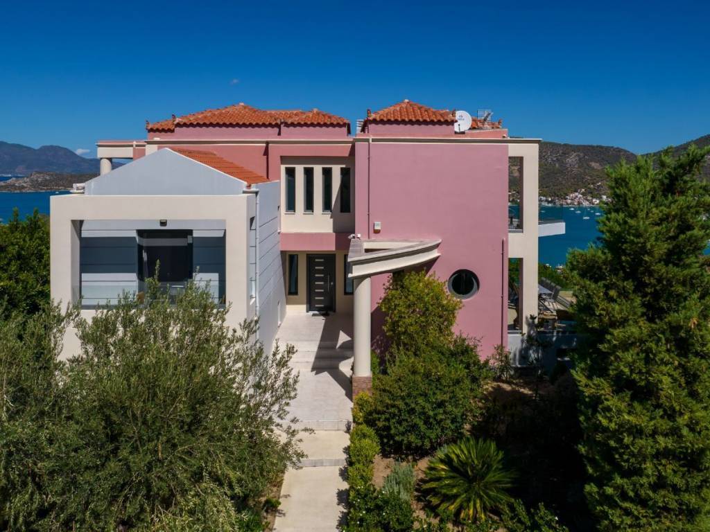 Front aspect of spectacular house in Galatas, views to Poros