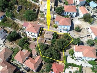 Aerial view with location of house and border of property