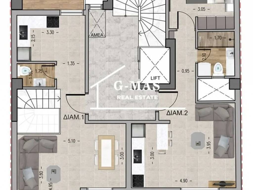 DIAM 1 : Saloni, koyzina kai WC, 6os orophos MEZONETAS