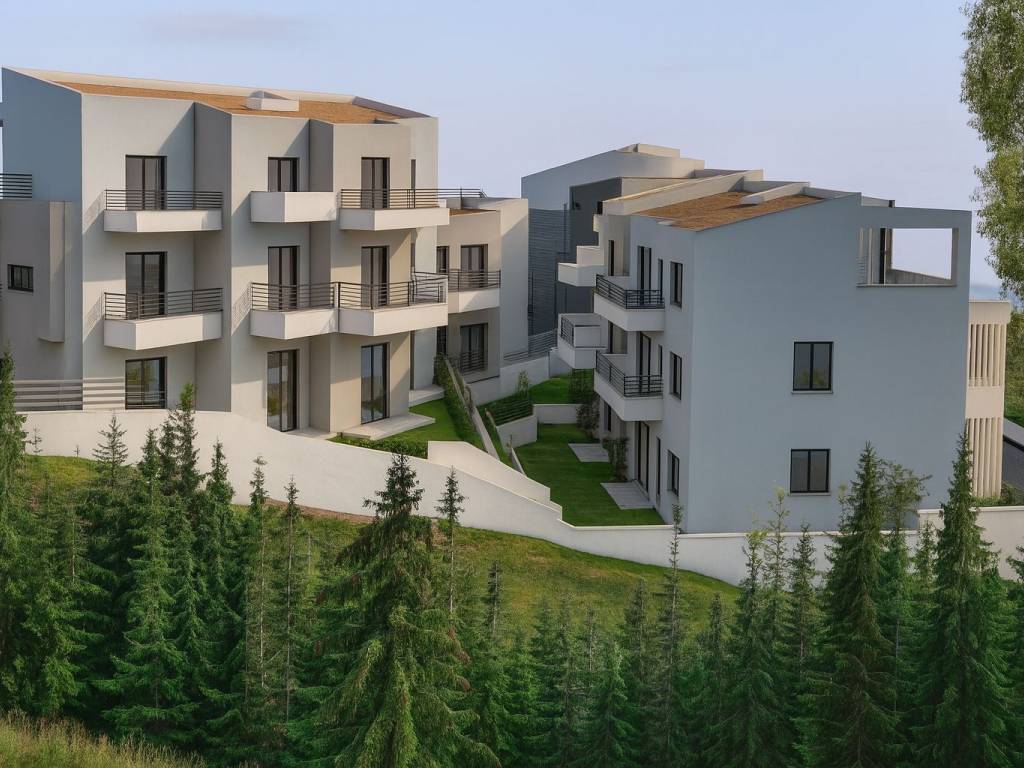 Πανοραμική άποψη συγκροτήματος κατοικιών με τους κήπους.