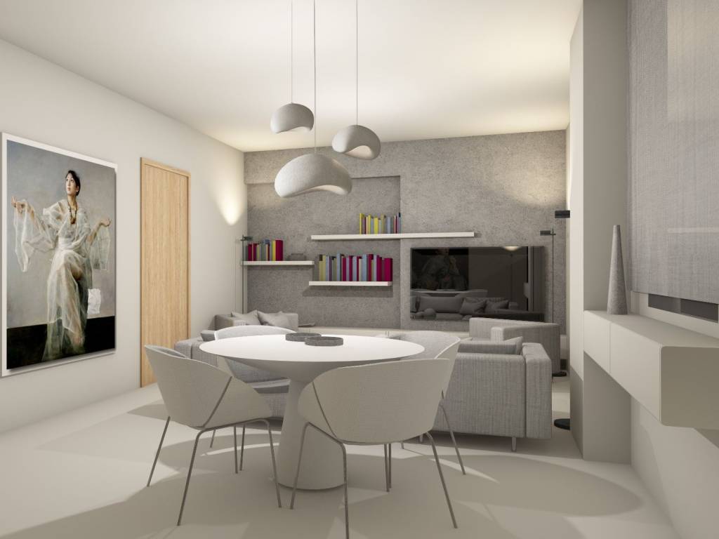 φωτορεαλιστική απεικόνηση  τραπεζαρίας προς σαλόνι